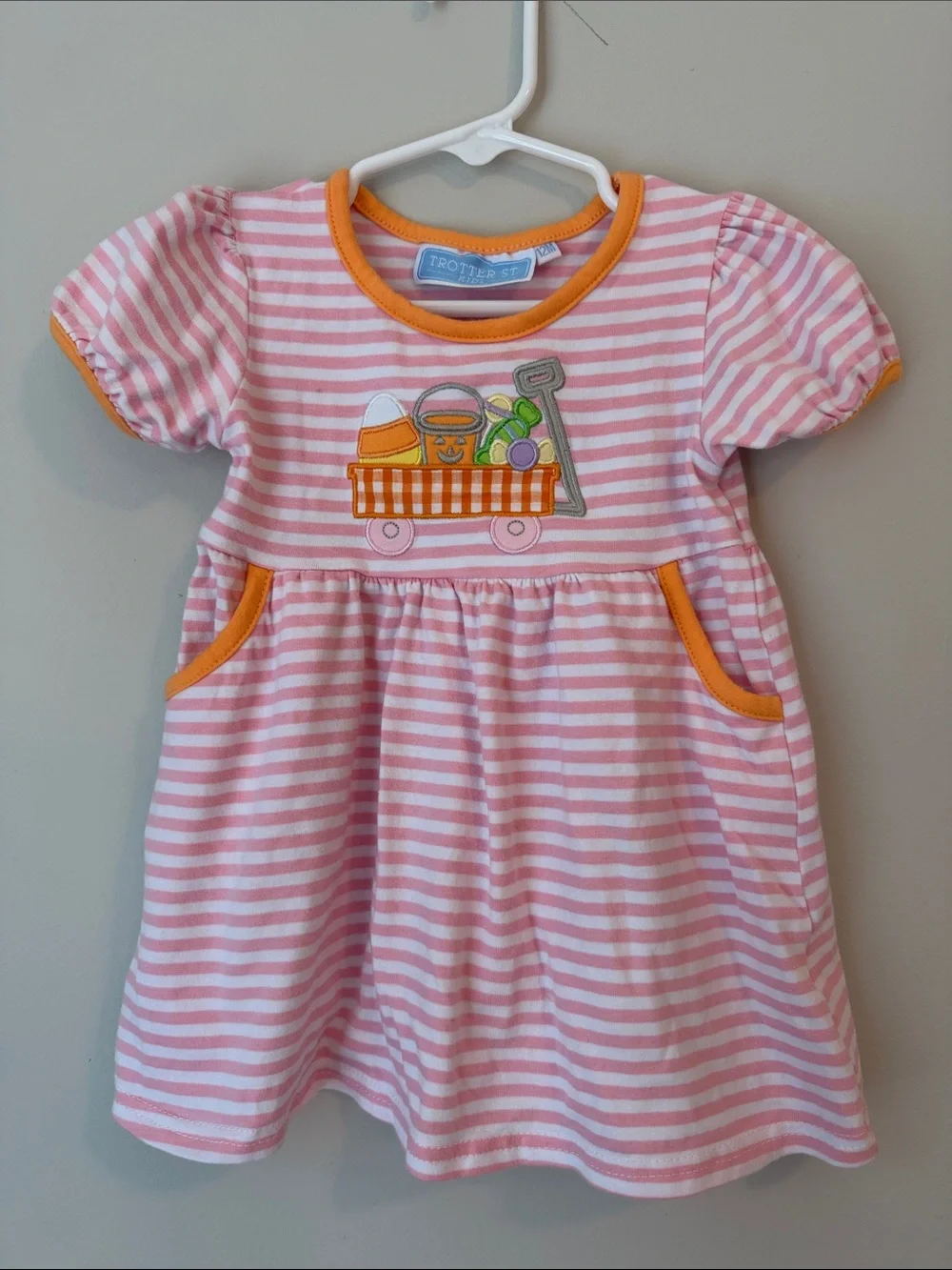 Trotter Street Kids pink  & White Striped Dress with Orange Trim and Applique